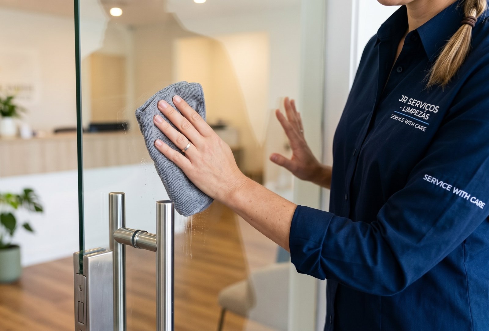Profissional realizando limpeza em ambiente corporativo